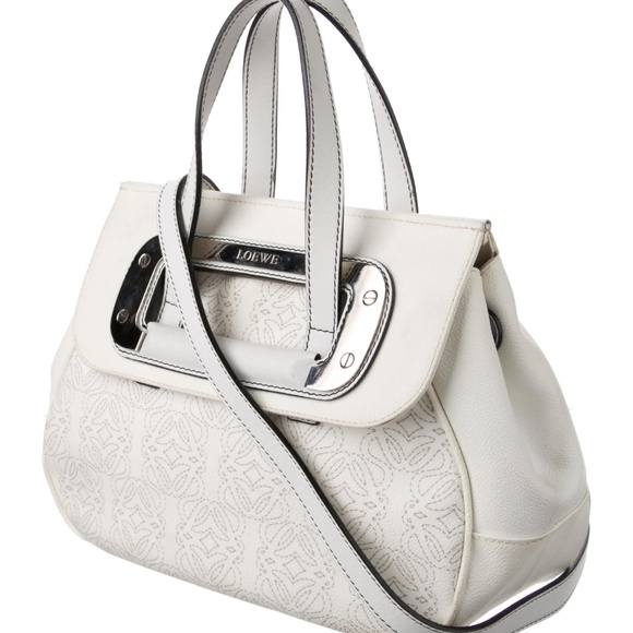 Loewe Vintage Leather Trim Anagram Shoulder Bag White Top Handle Women’s Purse - Picture 2 of 8